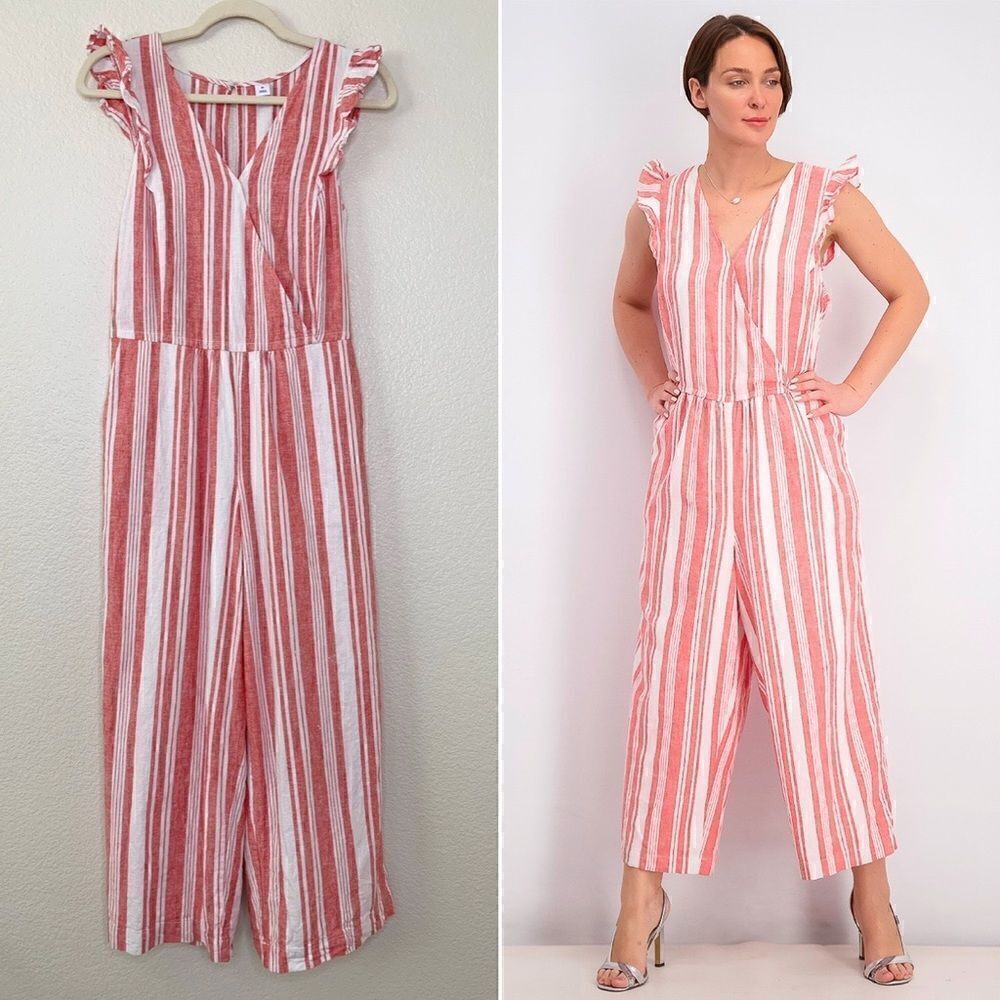 NWOT Old Navy Linen Blend Red Stripe V-Neck Wide Leg Jumpsuit, Size XS